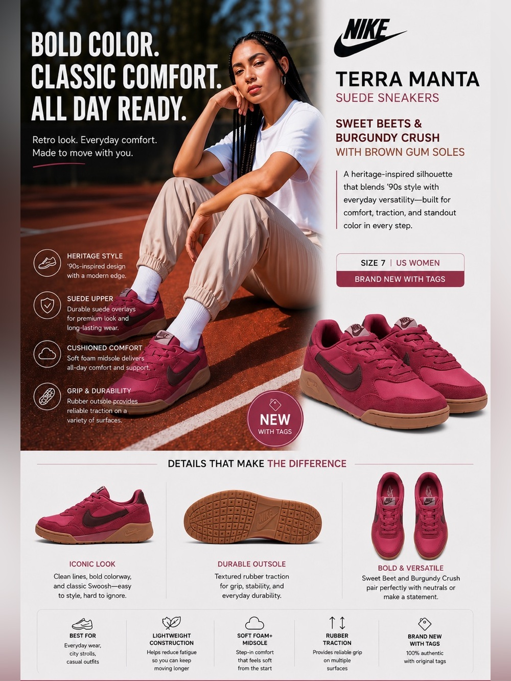 Nike Terra Manta Suede sneakers Sweet Beets and Burgundy Crush & brown gum soles